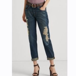 NWT Lauren Ralph Lauren Lace Patchwork Relaxed Tapered Jeans. Size 6